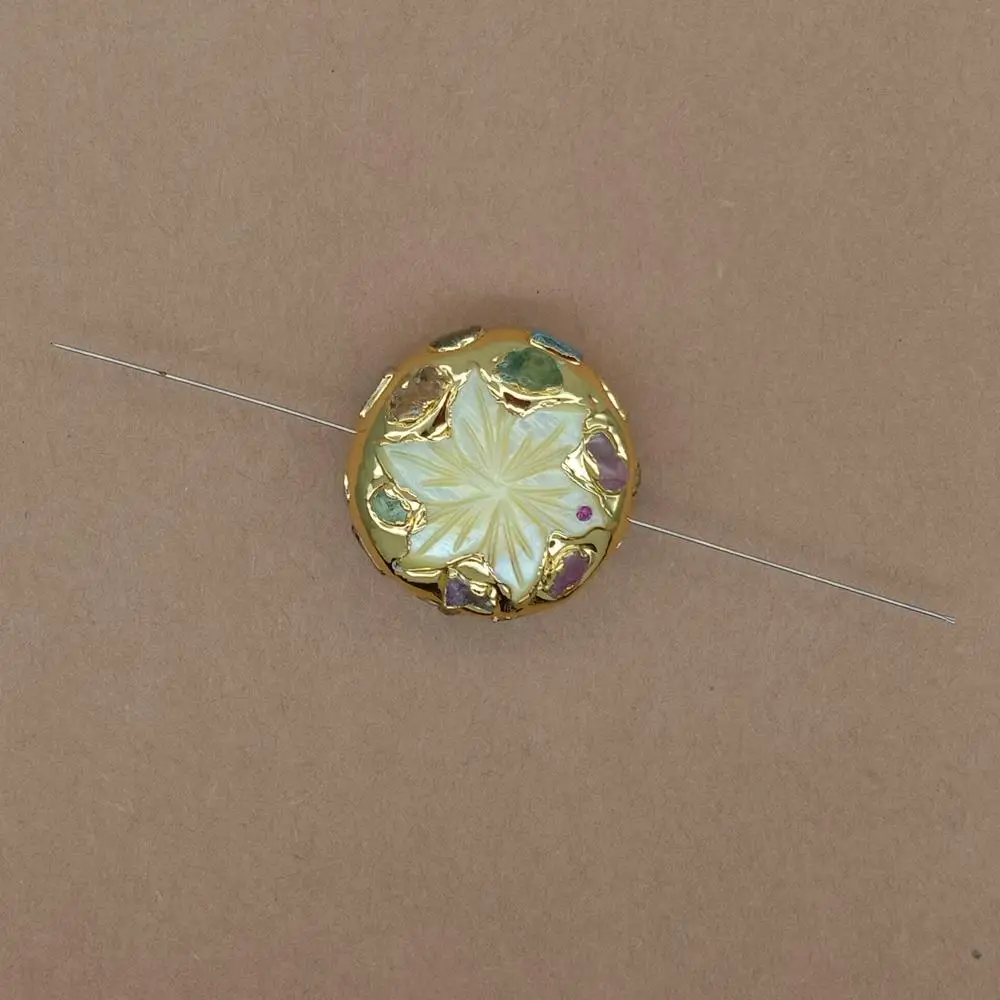 

Wholesale 5 PCS Yellow Shell Carved Flower Two-sided Tourmaline Gold Plated Beads Connector For DIY