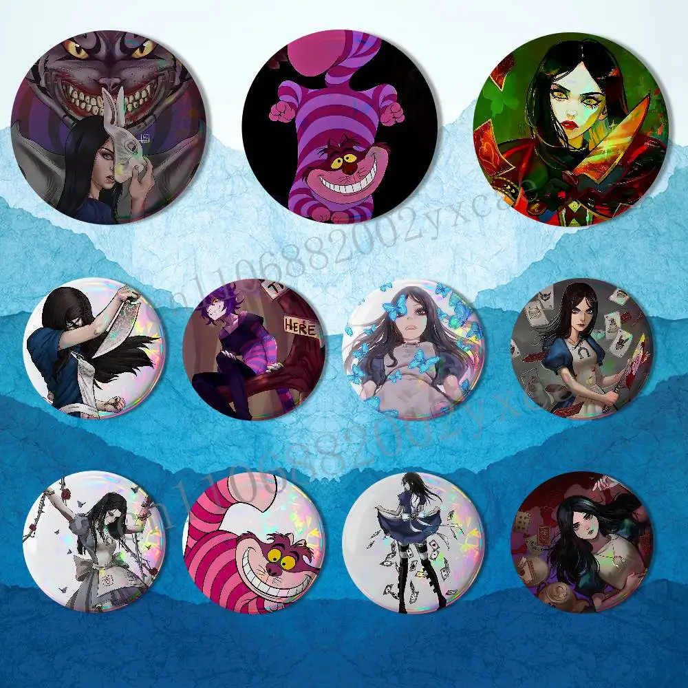game C-Cheshire Cat Alice Madness Creative Round Badge Button Pin Bag Decor Fans Collection Friends Gift Brooch