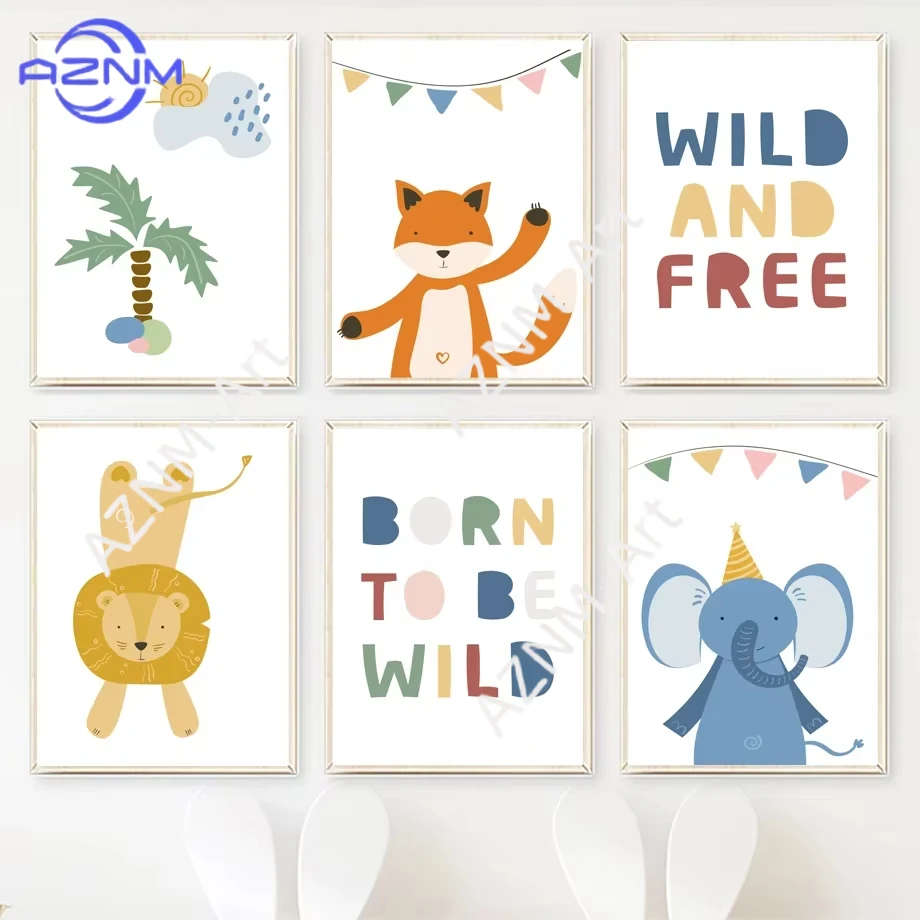1 unidad/6 unidades de carteles artísticos de pared con diseño de árbol de coco, león, zorro, elefante, impresiones nórdicas en lienzo, imágenes de dibujos animados para decoración de habitación infantil