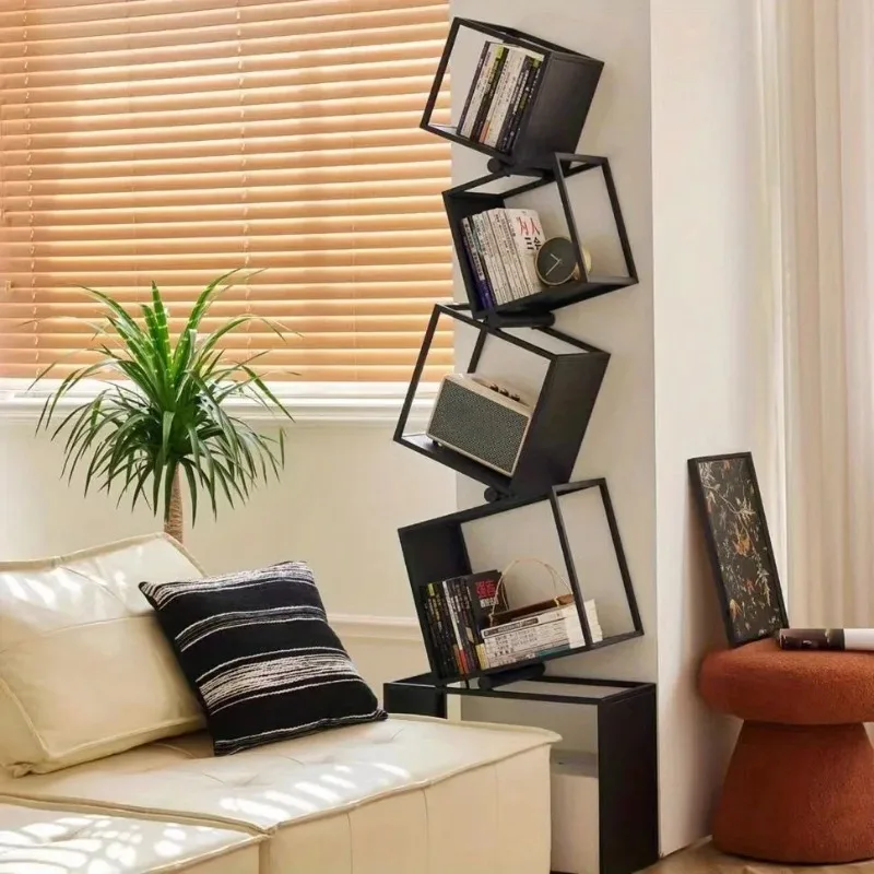 Modern Multi-Layer Corner Bookshelf Vertical Iron Bookcase for Office Storage Shaped Multi-Tier Book Rack