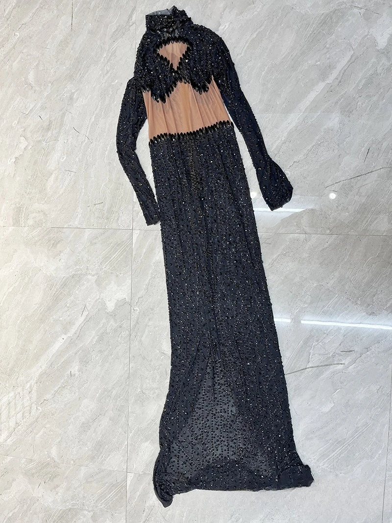 Zware industrie met diamanten ingelegde zwarte temperament taille body beeldhouwen sexy avondjurk bedrijf jaarlijkse bijeenkomst avondjurk