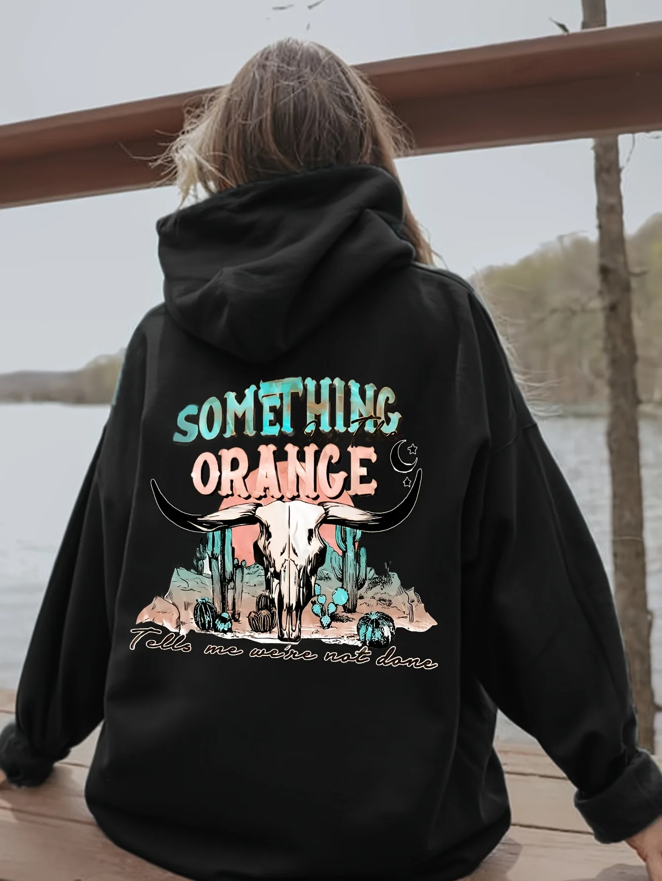 

Autumn and Winter Women's Sweatshirt Cow Skull and Desert Print Casual Hoodie Comfortable Large Size Pullover for Daily Wear