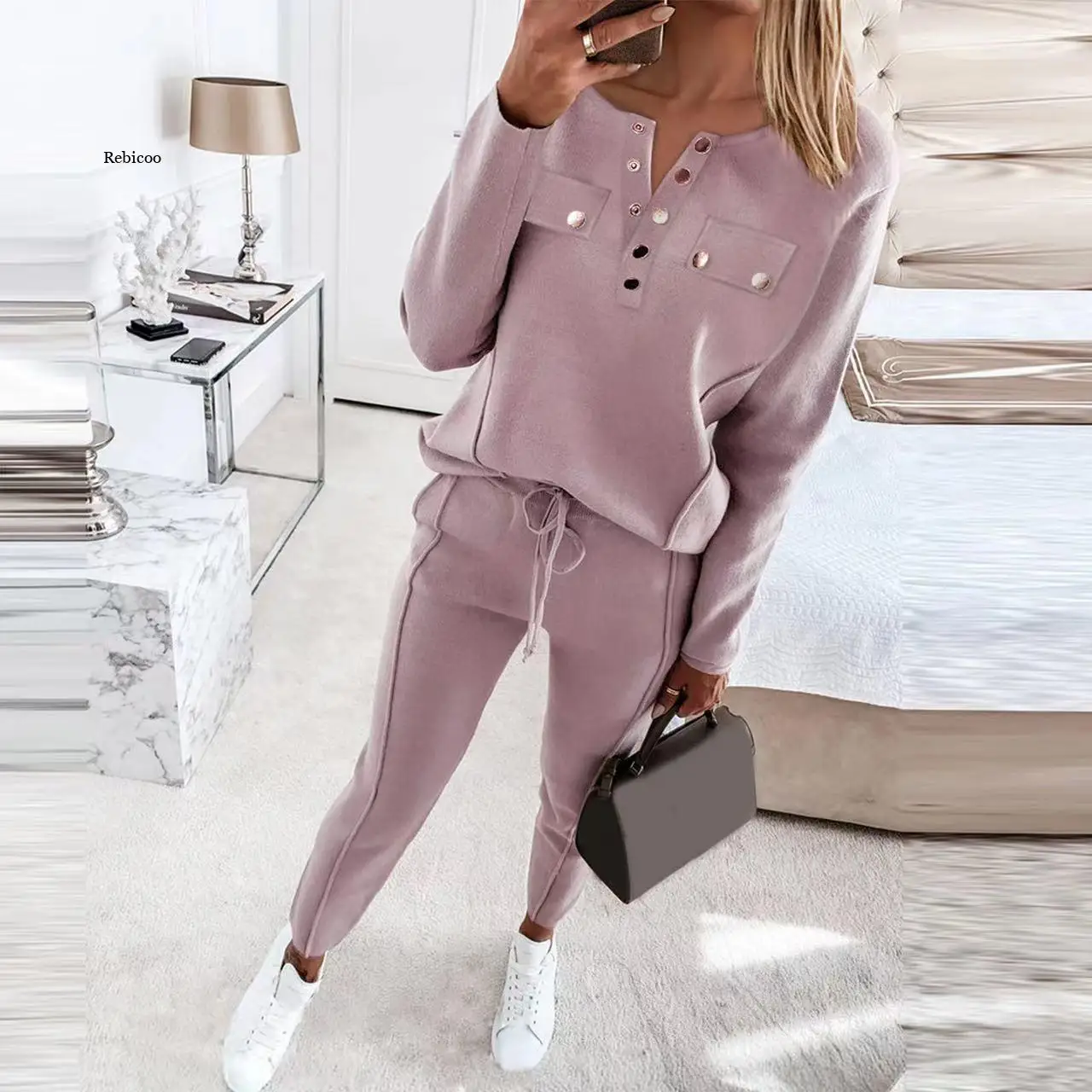 Spring V Neck Buttoned Pocket Loose Long Sleeve Sweatshirts Women Training suit Drawstring Fitness Pants Set Sportswear