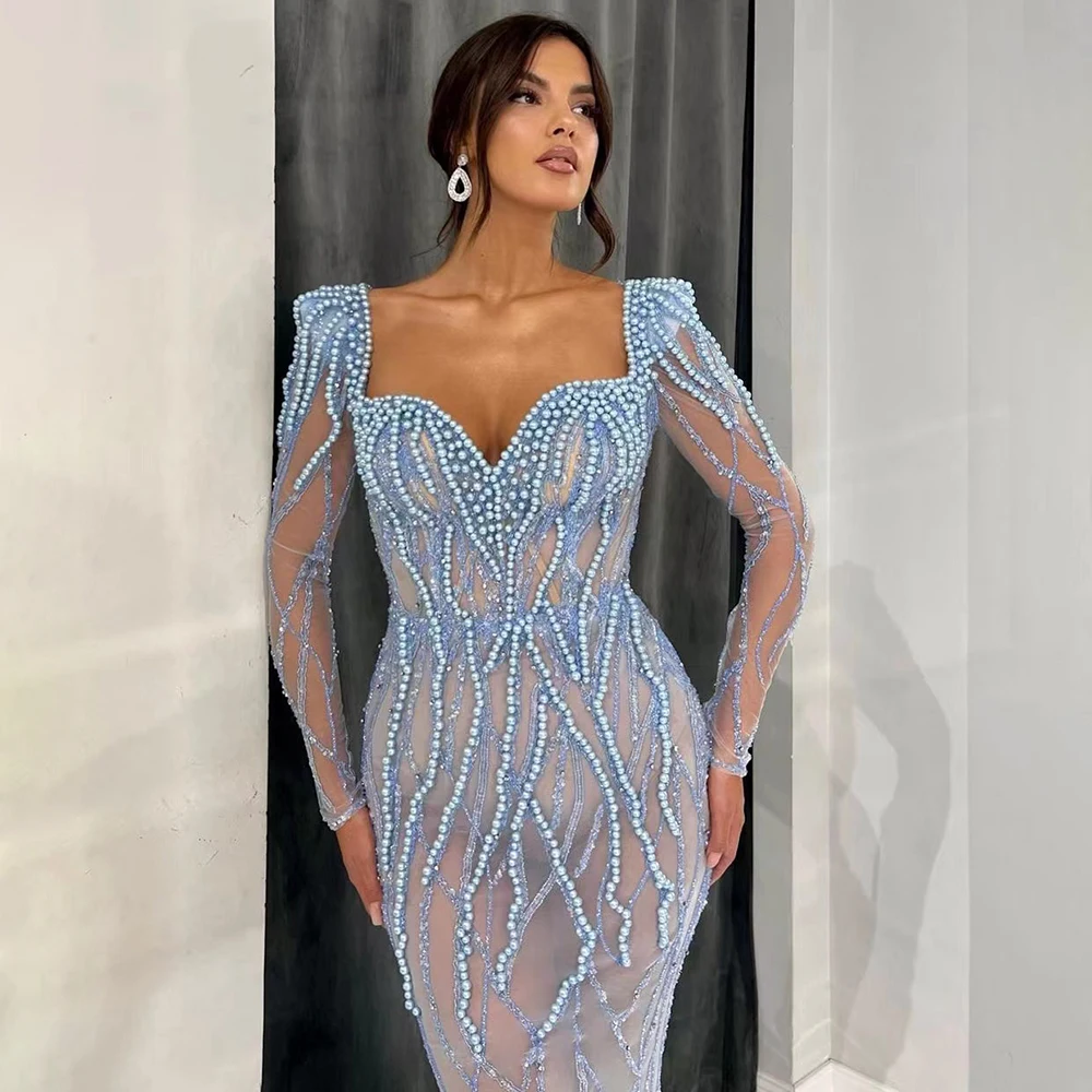 فساتين مناسبة رسمية  Luxury Pearls Blue Prom Party Dresses Mermaid Formal Dress vestidos de fiesta elegantes para mujer 2023