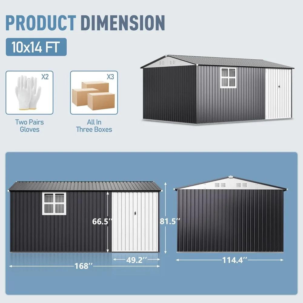 14x10 FT Outdoor Metal Storage Shed with Window, Heavy-Duty Galvanized Steel Tool Shed with Lockable Doors,Customized