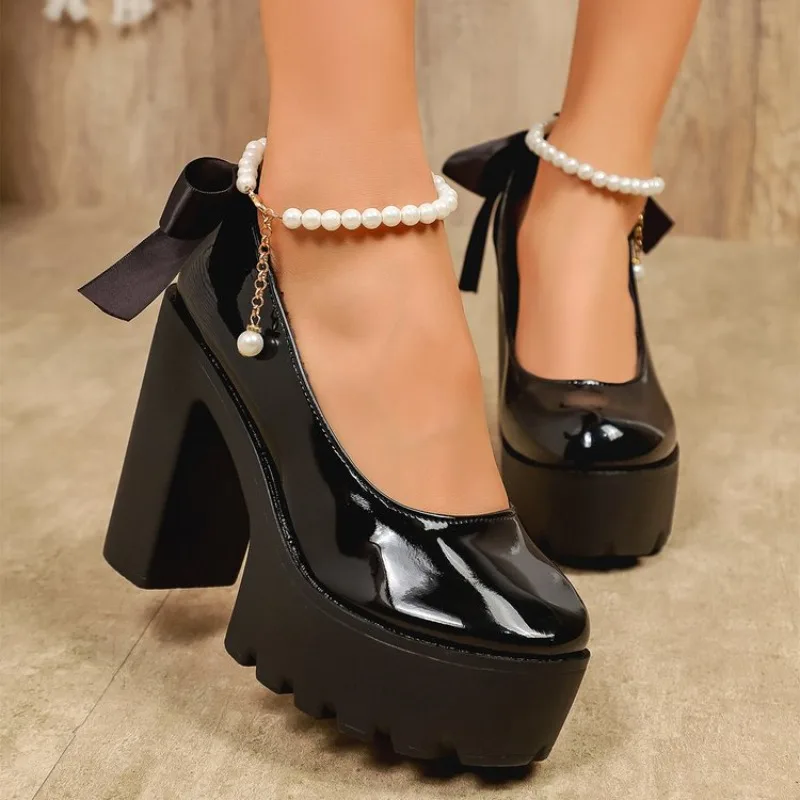

Black Patent Leather Platform Pumps Women Summer Back Bowtie High Heels Shoes Woman Pearl Ankle Strap Lolita Shoes