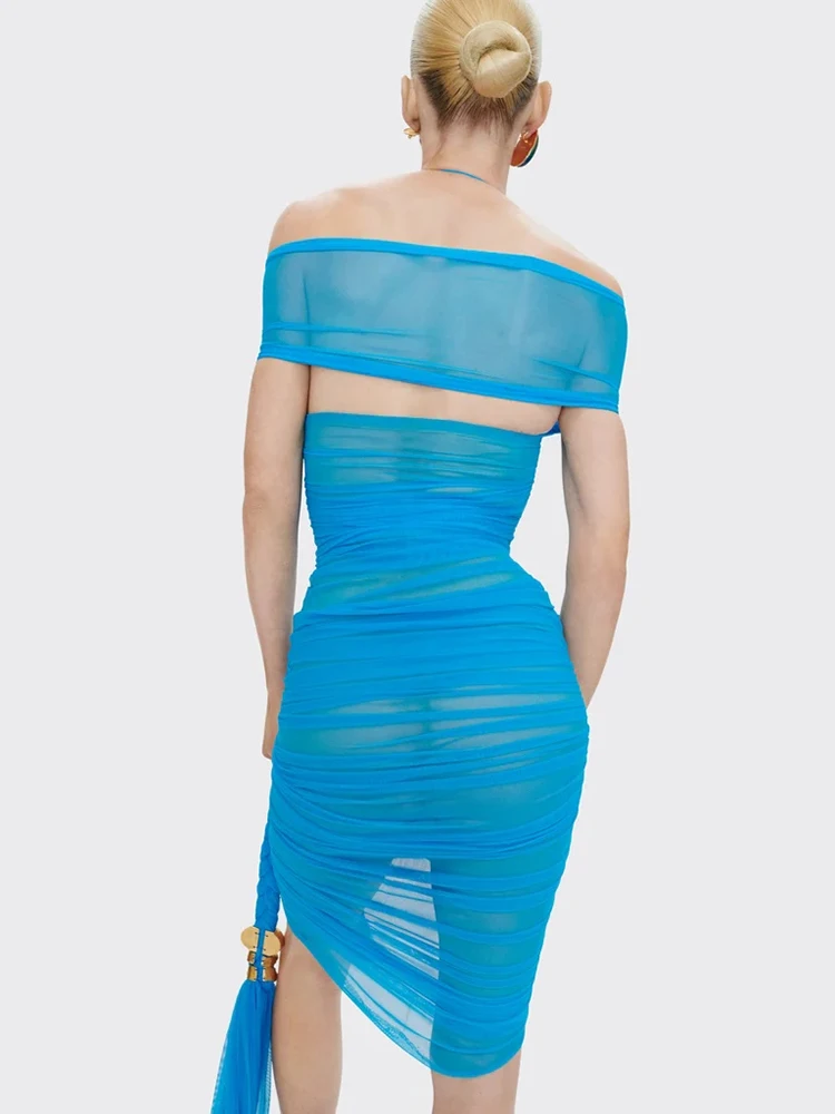 فستان مكشكش شبكي أزرق منسوج مثير - فستان حفلات برقبة رسن مكشوف الأكتاف مع فتحة عالية شفافة للحفلات والنوادي #4