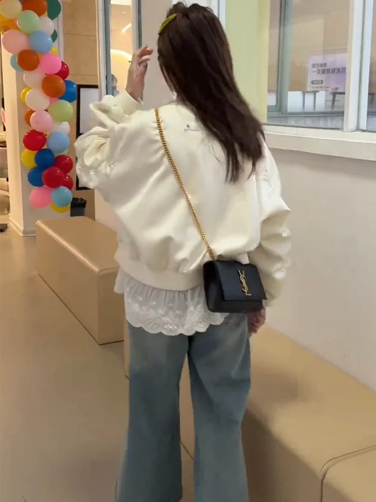 Casual Pleated Baseball Jacket Women's Spring 2026 New Design Small Size Slimming Short Coat Vintage Loose Fit Zipper Decor