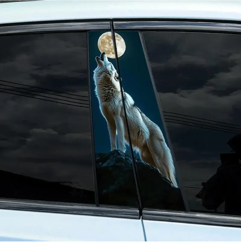 1PC Waterproof Wolf Howling At Moon Car B-Pillar Sticker Scratch Cover Door Pillar Sun Protection Decal Decor