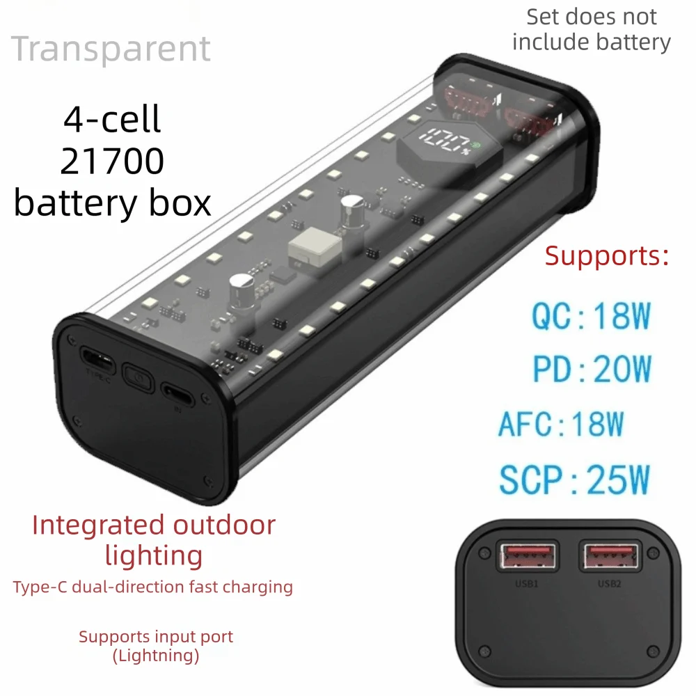 4X21700 Support DIY Power Bank Case PD20W Fast Charging Transparent Design Power Bank Shell Battery Capacity Option