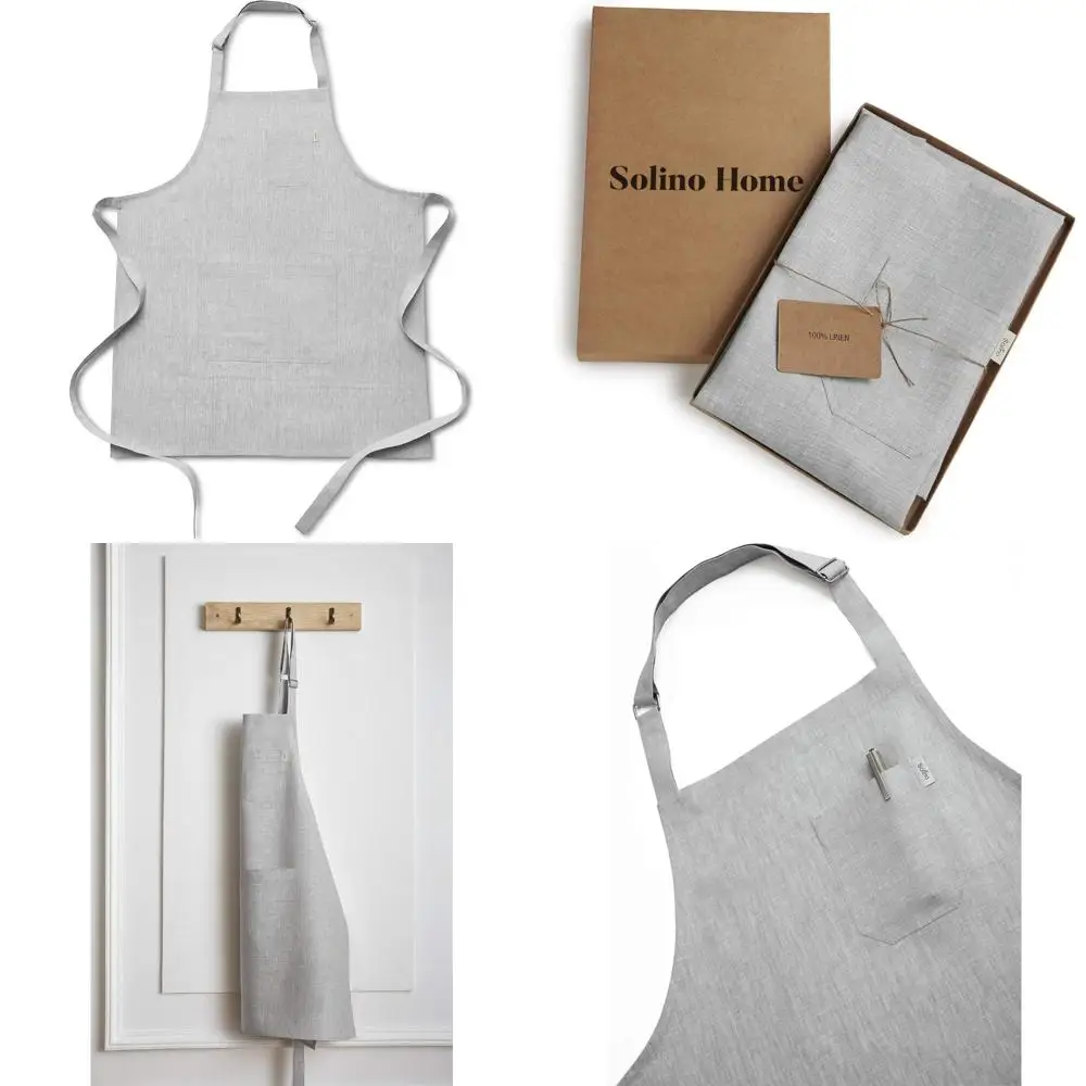 

100% Pure Linen Kitchen Apron - Light Grey with Front Pockets, Handcrafted European Style for Men and Women