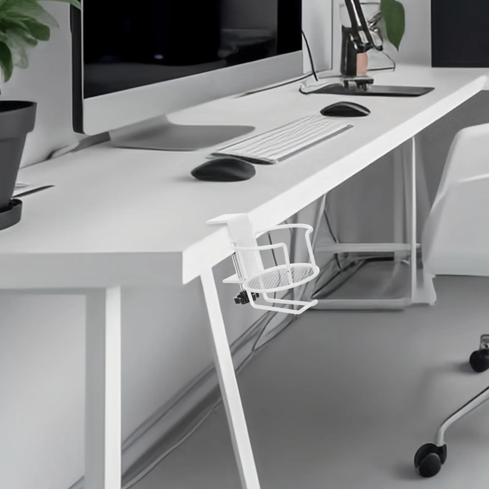 No Drill Clip on Cup Holder for Desk with Under Desk Headphone Hanger Space Saving Anti Spill Table Edge Beverage Organizer view 6