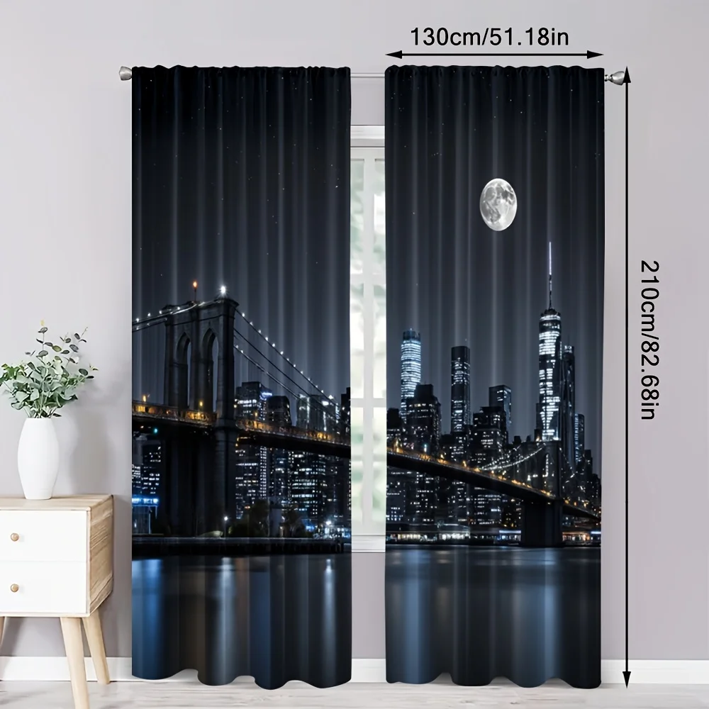 2pcs, Curtain Bridge Night View 100% Polyester,Without Electricity Versatile for Indoor Celebrations, Room Decor