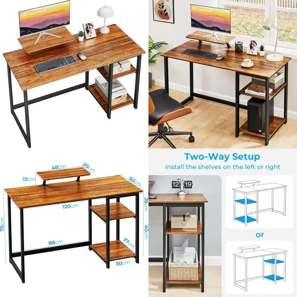 Modern Home Office Desk with Monitor Stand, 47 Inch, Reversible Storage Shelves, Writing Study Workstation