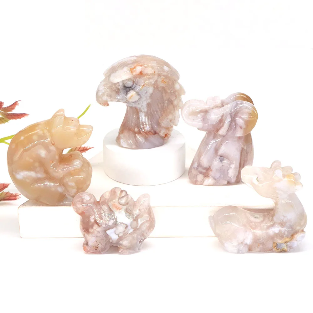 Eagle Head Elephant Bear Dinosaur Deer Statue Natural Blossom Agate And Moss Agate Healing Stone Crystal Carving Figurine Crafts