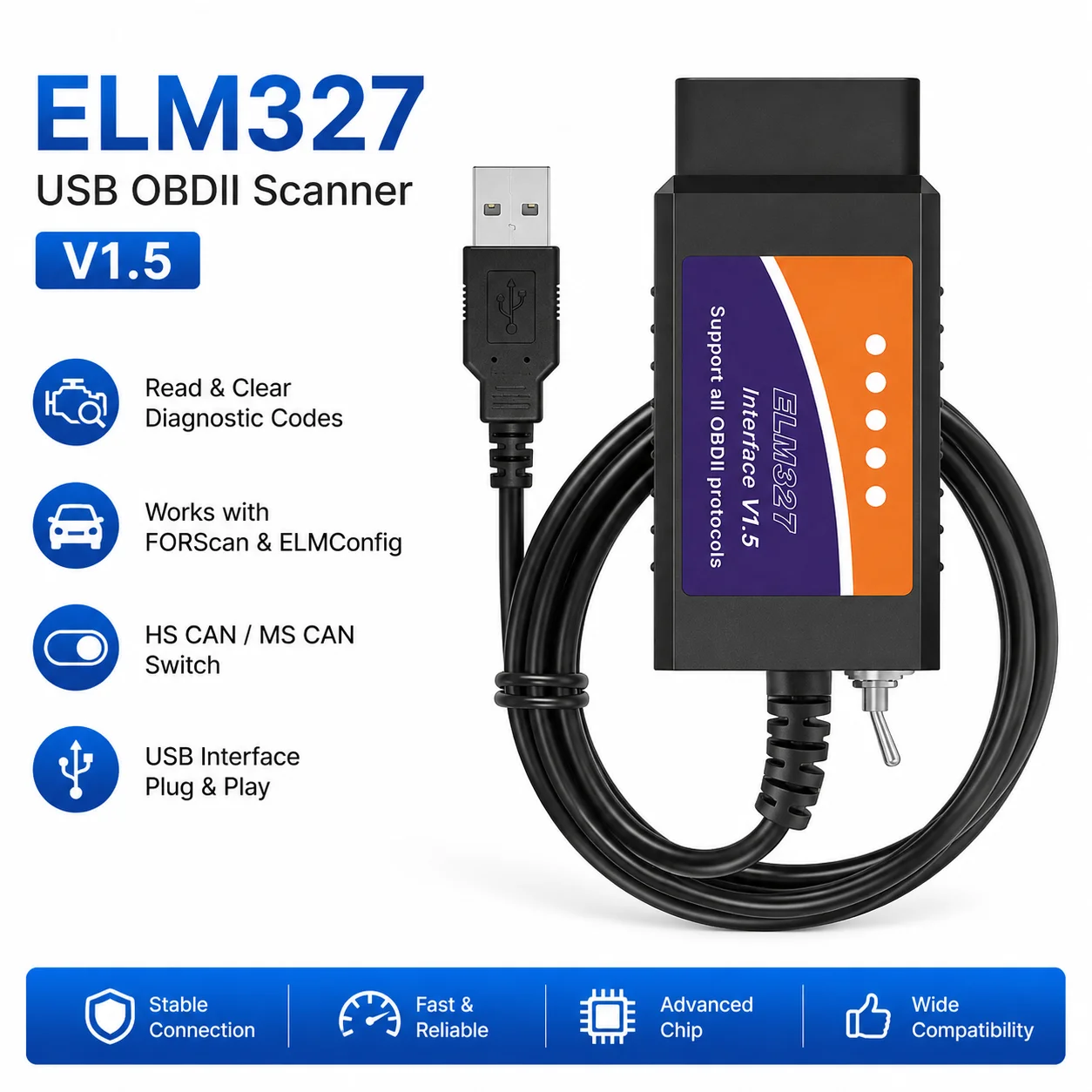 ELM327 USB OBD2 Scanner V1.5 with HS CAN MS CAN Switch Diagnostic Cable