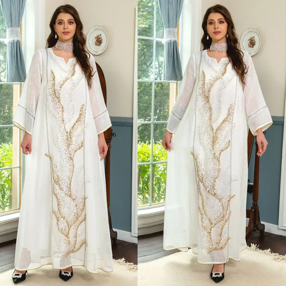 Luxury Mesh Sequins Embroidered Abaya Dress for Women Muslim Dubai Evening Party Robe Moroccan Kaftan Turkey Arabic Eid Jalabiya