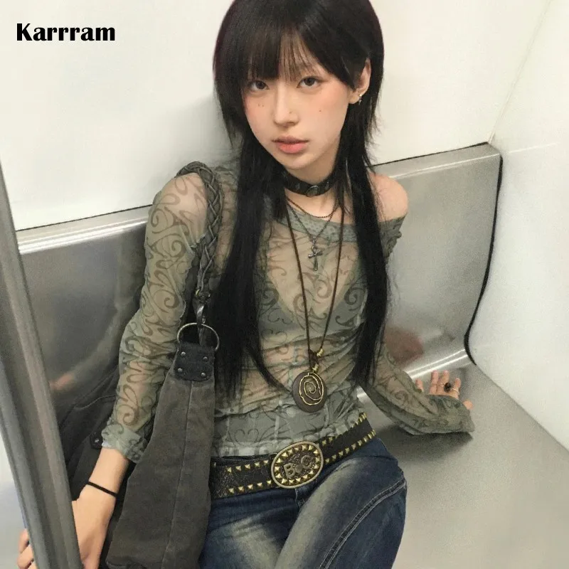 Karrram Grunge Aesthetics Mesh Tops Japanese Y2k Sheer Tops Vintage Harajuku See Through Crop Top Korean Fashion Tie Dye T-shirt