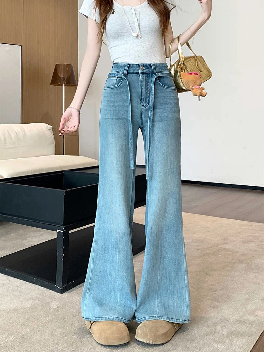 Retro Blue Stretch Lace-up Jeans Spring Autumn Women Versatile Micro Flared Pants Oversized Baggy Soft Denim Trousers
