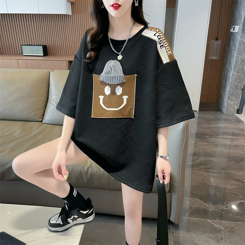Woman T-shirt Jacquard Weave Summer Korean Casual O-Neck Patchwork Solid Female Fashion Loose Half Sleeve Tops Women's Clothing