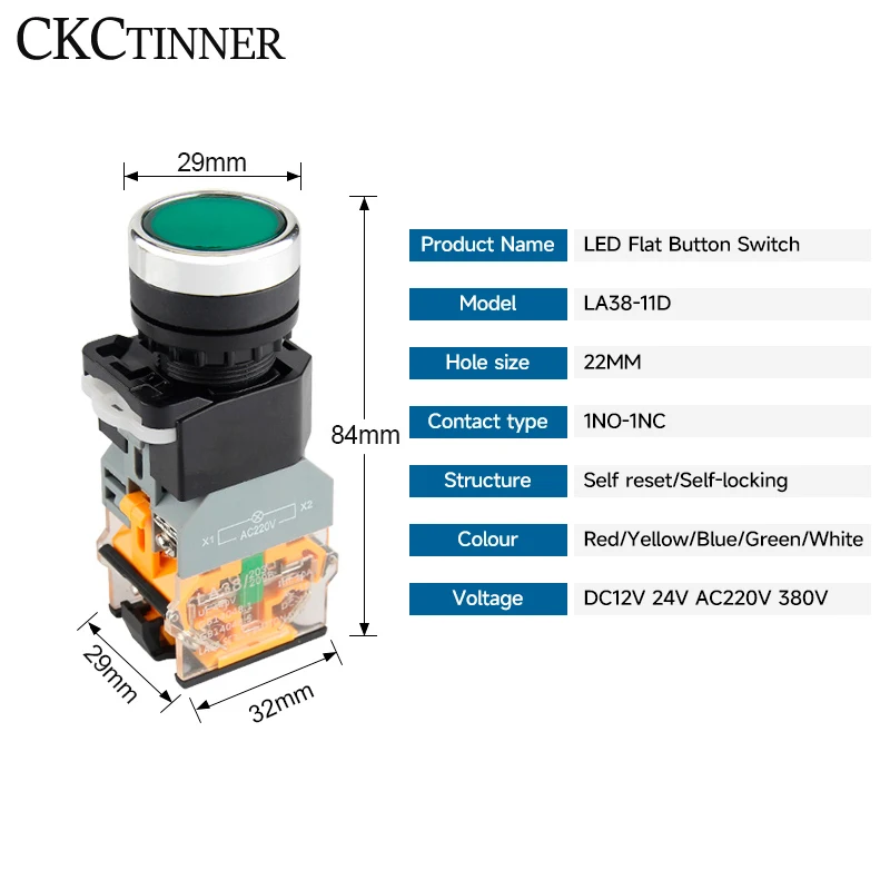 22mm LA38-11D DS with Light Push Button Switch NO NC Momentary Latching DC 12V 24V AC 220V 380V LED Indicators