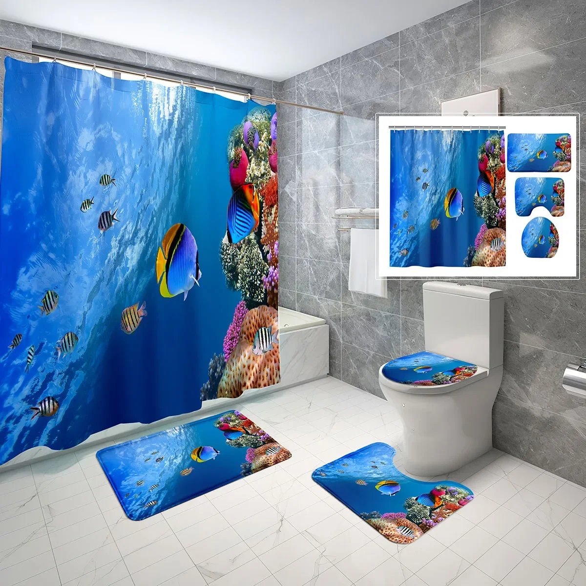 

Tropical Fish Shower Curtain Sets Hawaii Underwater Sealife 4 Pcs Non-slip Bath Mat Toilet Lid Waterproof Shower Curtain Set