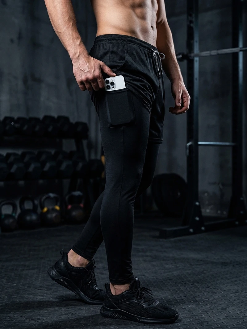 Men's Cross Print Athletic 2 in 1 Compression Pants Spring Fall Gym Workout Fitness Tights Leggings with Phone Pocket Towel Loop
