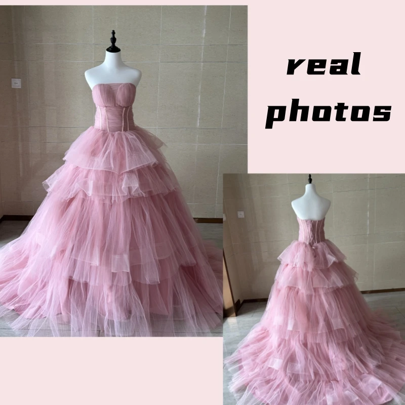 Sweet Pink Ball Gown Wedding Dresses Classic Sexy Strapless Vestidos De Novia With Small Train Fashion Tiered Suknia Slubna