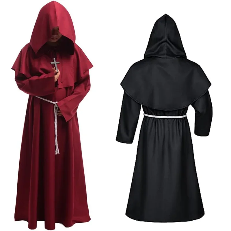 Halloween Wizard Costume Cosplay Medieval Hooded Robe Costume Monk Friar Robes Priest Costume Ancient Clothing Christian Suit