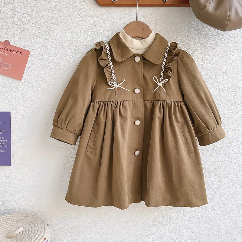 Trench Childrens Clothing Autumn New Girl Loose Coat Baby Lotus Leaf Overcoat Children Cotton Clothes Simple 2024