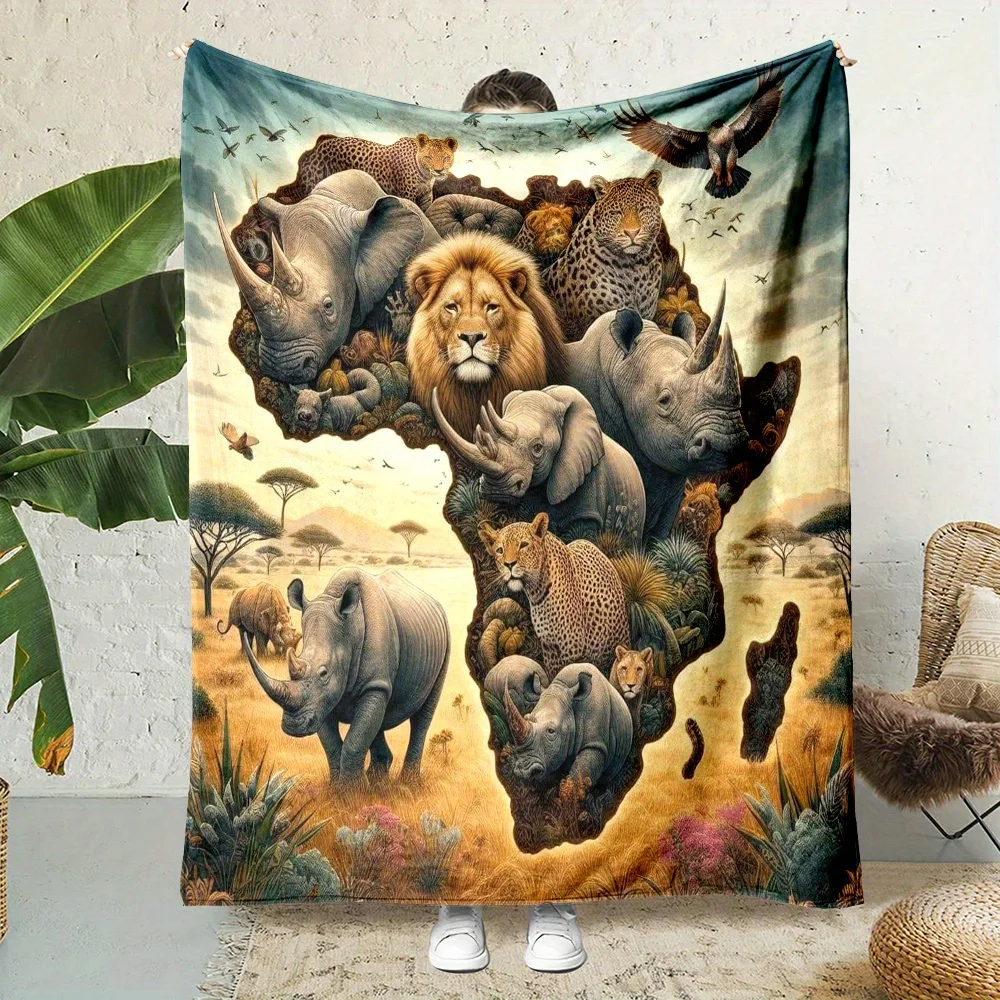 Realistic Safari Animal Print Throw Blanket Jungle Wildlife Decor Plush Lion Elephant Rhino Rhinoceros Cozy Couch Throw Gift