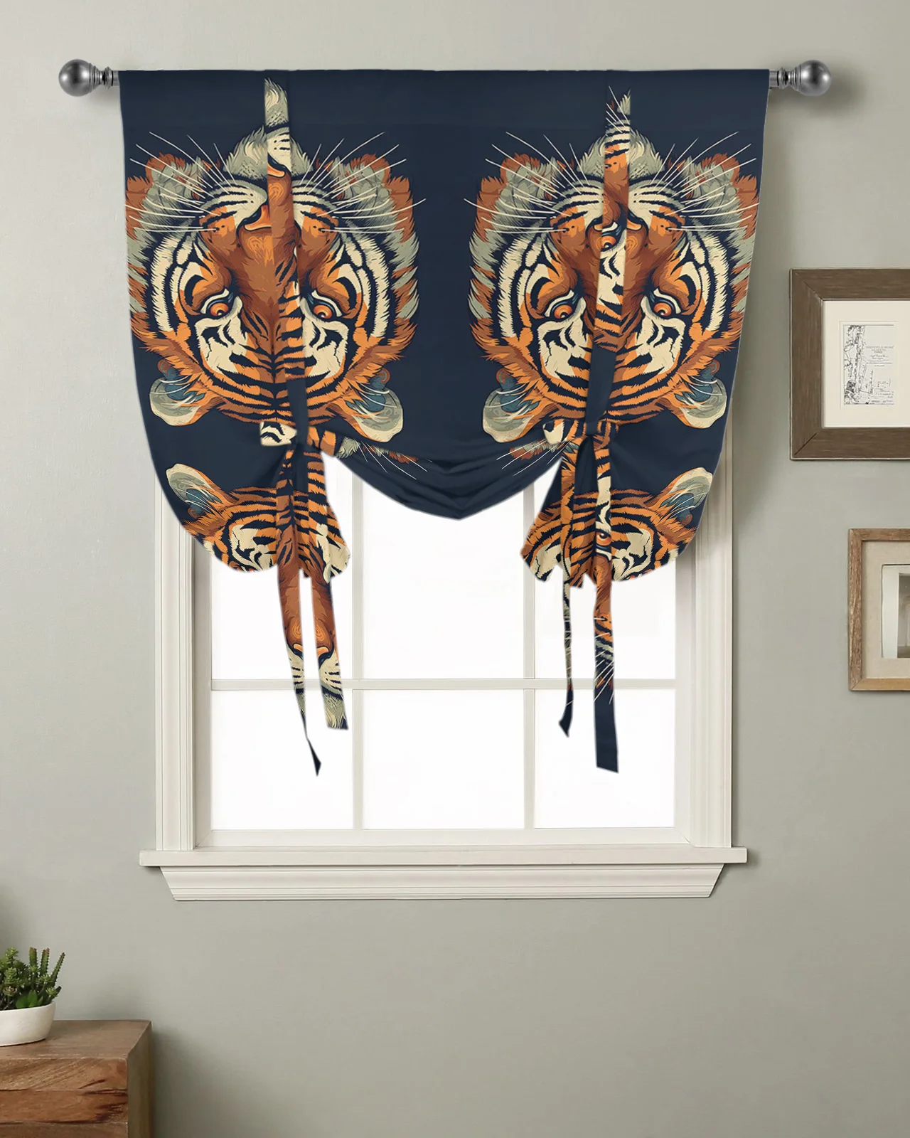 Tiger Headed Animal Kitchen Short Window Curtain Rod Pocket Curtains Home Decor Bedroom Small Window Roman Tie Up Curtains