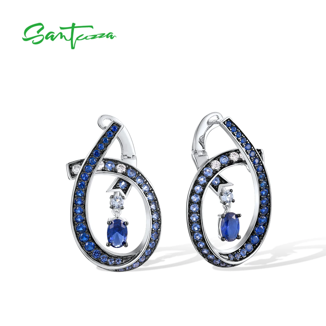 

SANTUZZA Real 925 Sterling Silver Earrings For Women Sparkling Blue Spinel White CZ Linear Geometric Party Gifts Fine Jewelry