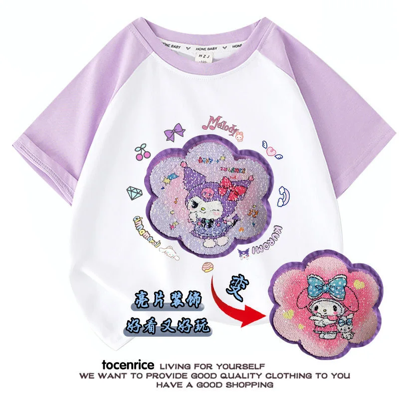 Kuromi Girls Summer Short Sleeved T-Shirt With Sequins Changing Color Melody Flip Picture Yugui Dog Clothes Children's Top 3