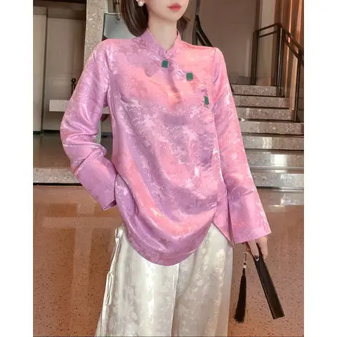 

2024 chinese vintage satin blouse women spring autumn pink top qipao collar standing collar lady graceful long sleeved blouse