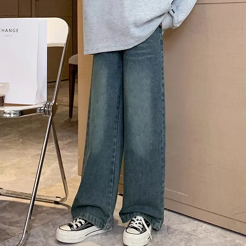 10代の若者向けのヴィンテージブルージーンズ、子供向けのカジュアルストレートデニムパンツ、レディースパンツ、無地、韓国スタイル、子供、女の子向け