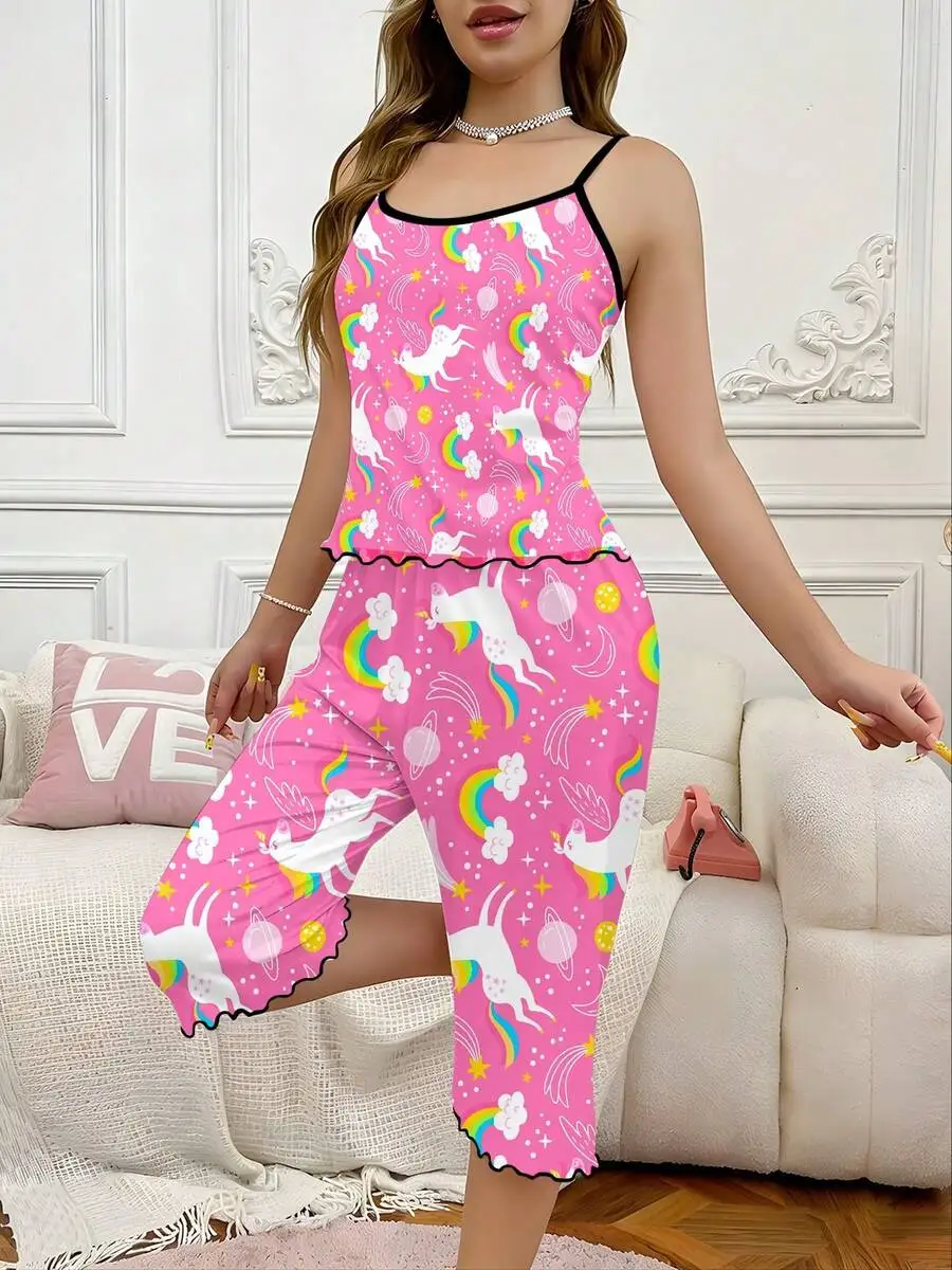 

Womens Unicorn Rainbow Stars Clouds Moon Print Sleeveless Cami Top Capri Pants Pajama Set Loungewear