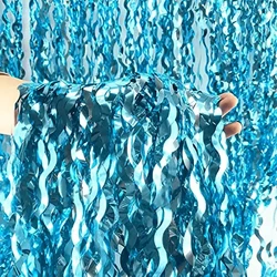 2PCS 2 * 1M metal wire foil tassel curtains in blue, suitable for baby showers, mermaids, underwater, ocean, and frozen party