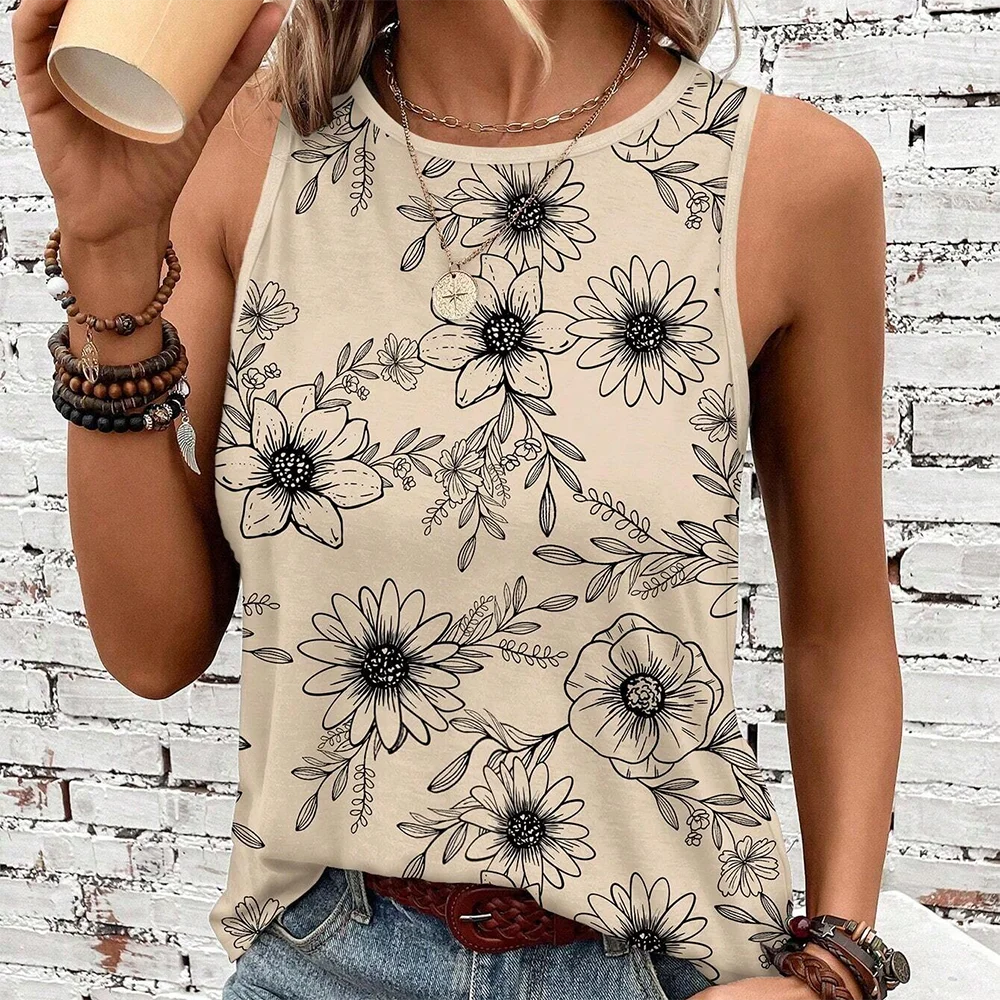 Fashion Women's Crew Neck Vest Printed Oversized Women's Loose Top Y2K Style Vest Summer Casual Breathable Refreshing Vest