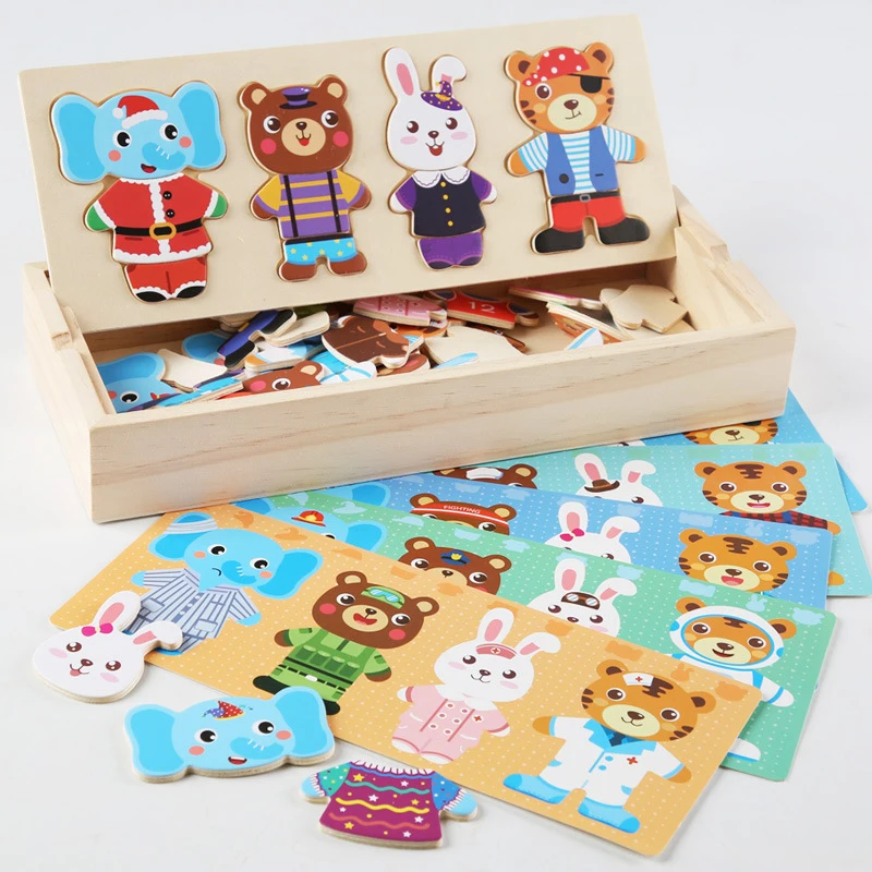 1Pc Animal Bear Change Clothes Jigsaw Puzzle Box Matching Games Wooden Dress Up Puzzles Montessori Toys Dressing Kid's Travel