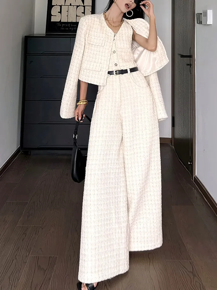 BPN Temperament Two Piece Sets For Women Round Neck Long Sleeve Jacket V Neck Sleeveless High Waist Jumpsuits Casual Set Female