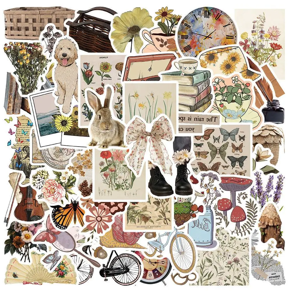 50pcs Vintage Flora and Fauna Stickers Junk Journal Supplies Paleontoloay Grafiti Stickers for DIY Skateboard Motorcycle Sticker