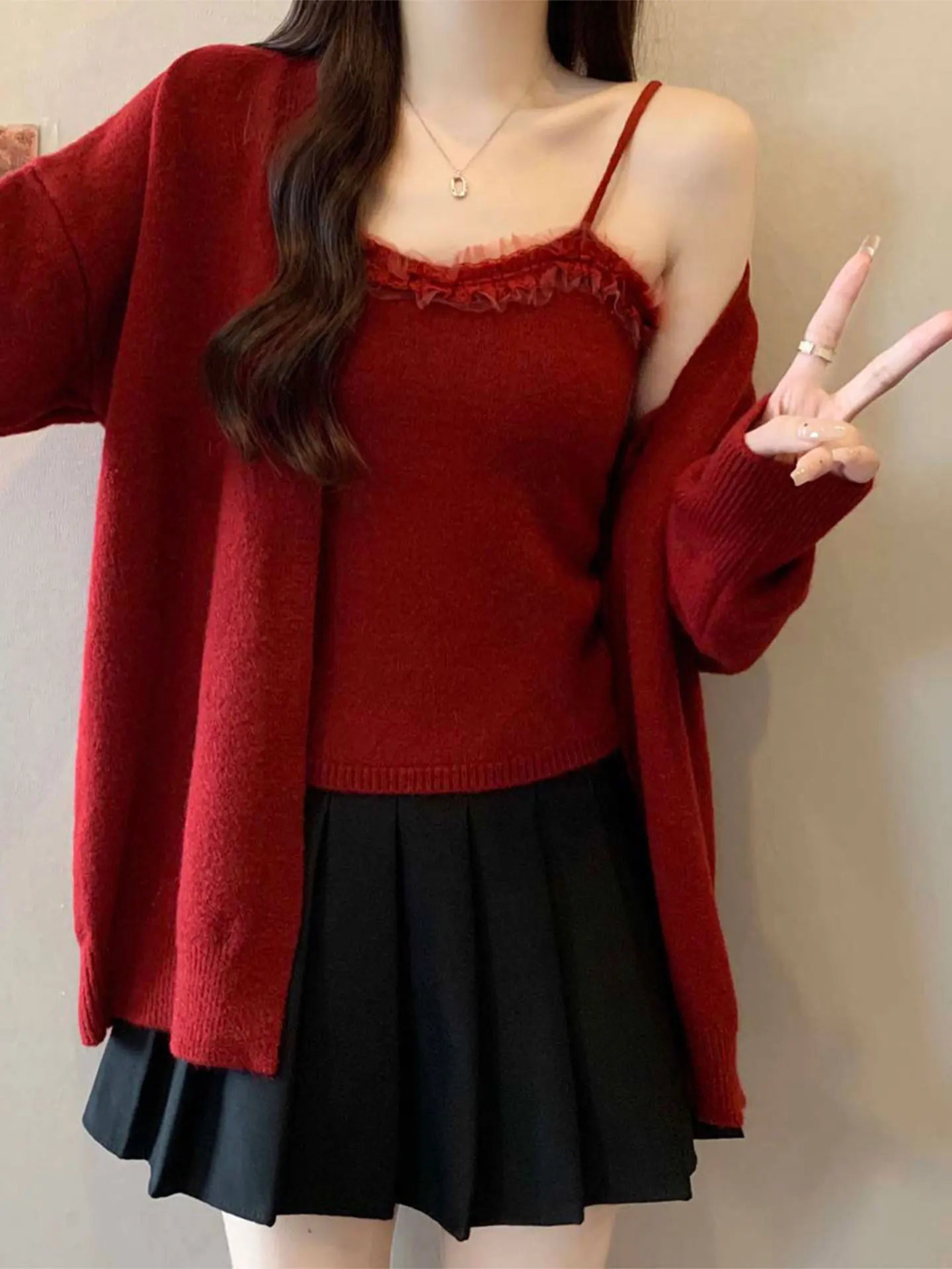 

Зимний вязаный жилет и майка больших размеров, комплект Red Me Splicing, женская верхняя одежда Faion, пальто с высокой талией, универсальный крой