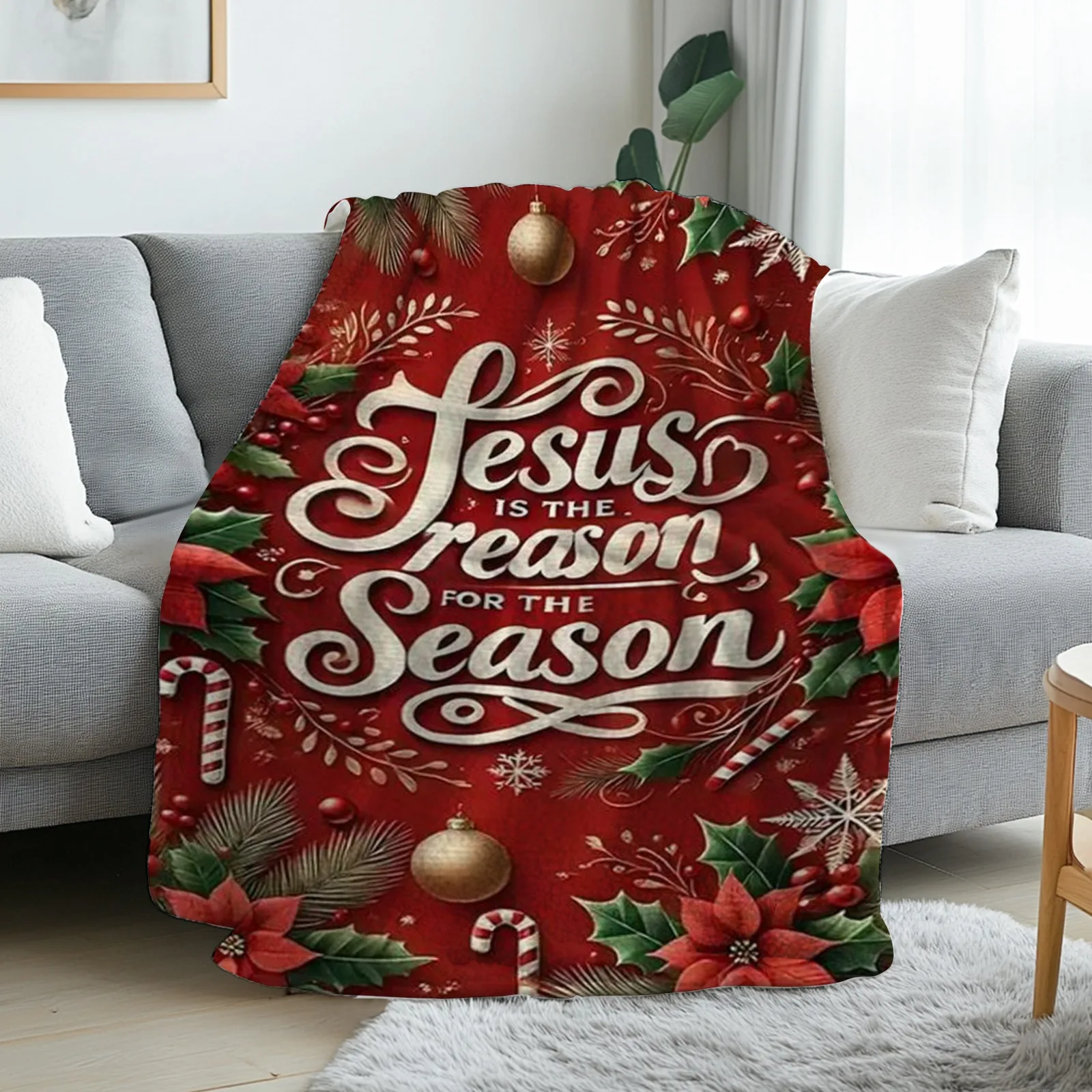 Religious Jesus Is The Reason Floral Letter Printed Flannel Blanket Warm Soft Cozy Throw Blanket Couch Bed Living Room Decor