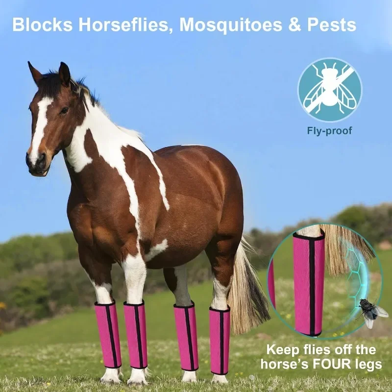 4 قطع من أحذية حماية ساق الحصان، أحذية طيران قابلة للتنفس تمنع لدغات، أغطية شبكية مريحة لركوب الخيل طوال اليوم والضرب، ركوب الخيل