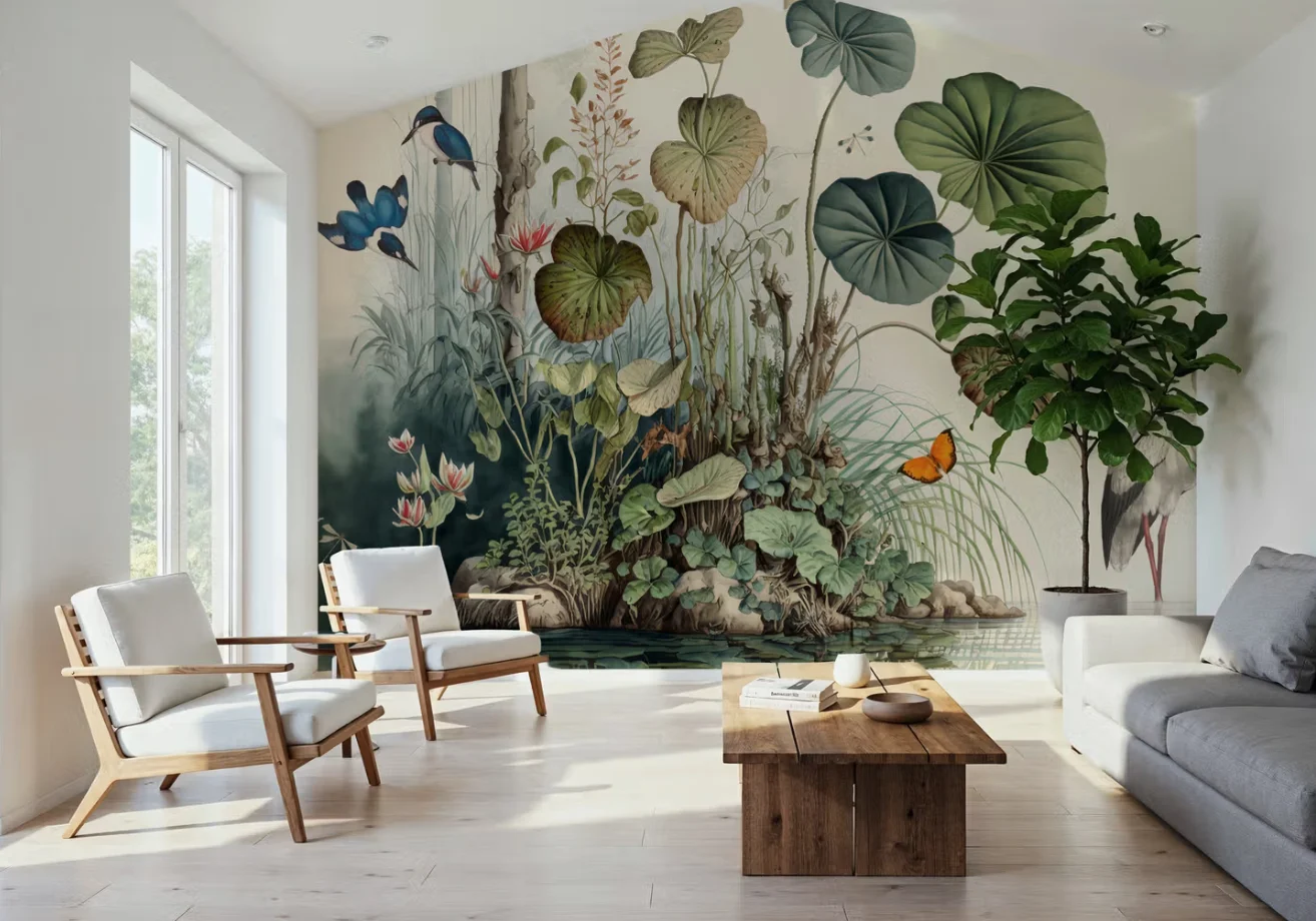 Custom sized wallpaper featuring peaceful jungle scenes, green lotus leaves, soft pink flowers, and still pond white crane mural