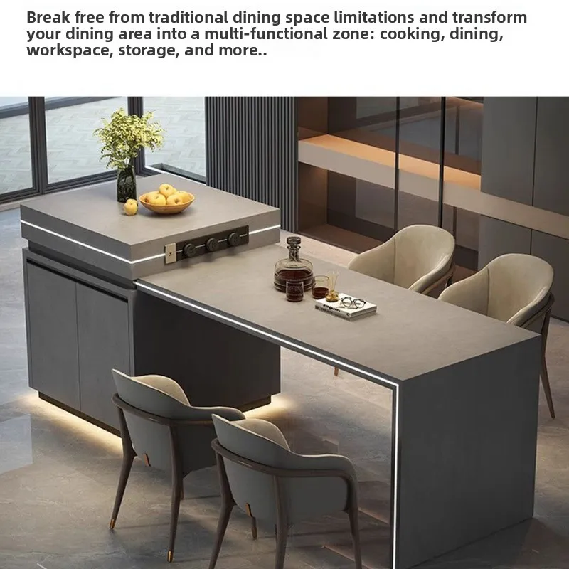 Household retractable rock slab island small apartment cabinet, island dining table integrated kitchen haute couture cabinet
