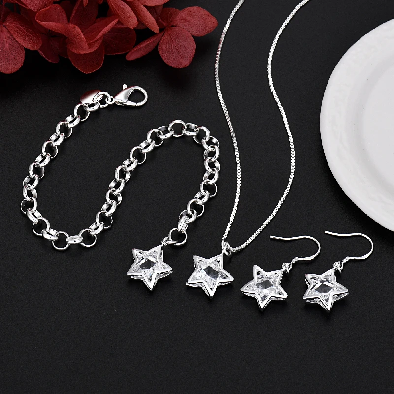 New y2k 925 Sterling Silver noble Shiny Crystal Star necklace earring bracelet Jewelry set for Women Fashion wedding Engagement