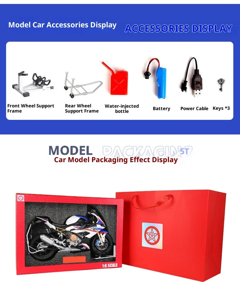 1:6 S1000RR نموذج دراجة نارية كبير مصنوع من خليط معدني مع ممتص للصدمات، مضيئة، سيارة لعبة قابلة للجمع، هدية للأطفال #6