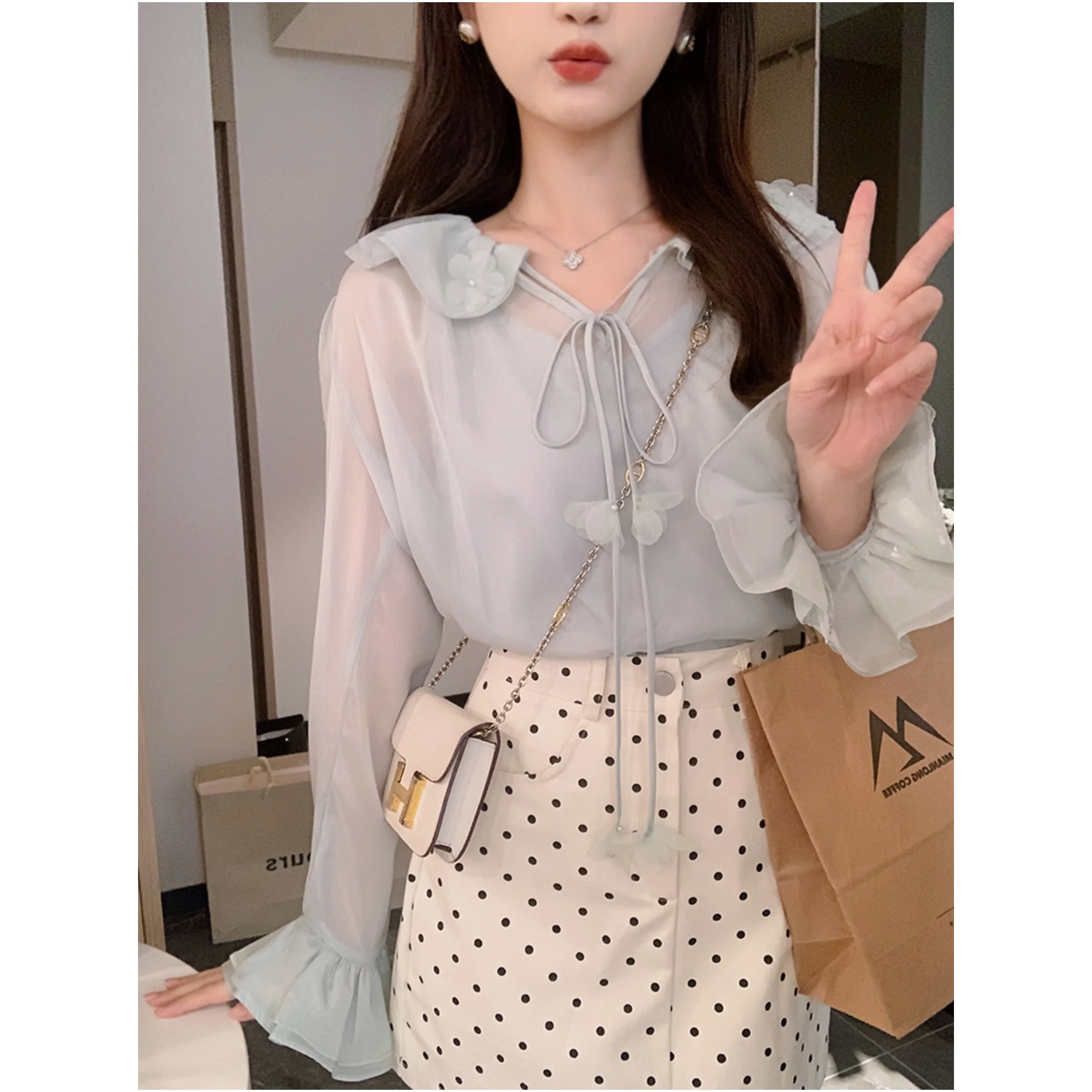 

Anli Fre Blue een Long Sve Sweet Collar Bead irt Women's Loose Sle Polyester Fiber Summer Season Button Closure